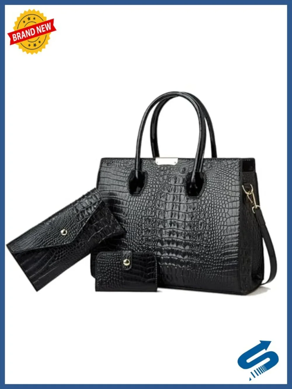 3pc Faux Leather Tote Handbag Set with Wallet and Cardholder, Crocodile Embossed